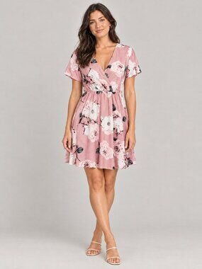 Pink Floral V-Neck Fit and Flare Dress L